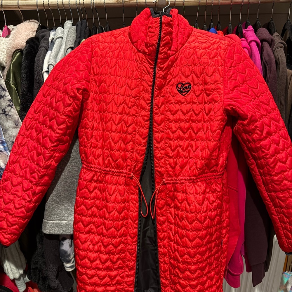 Love Moschino Red Quilted Heart Logo Puffer Coat